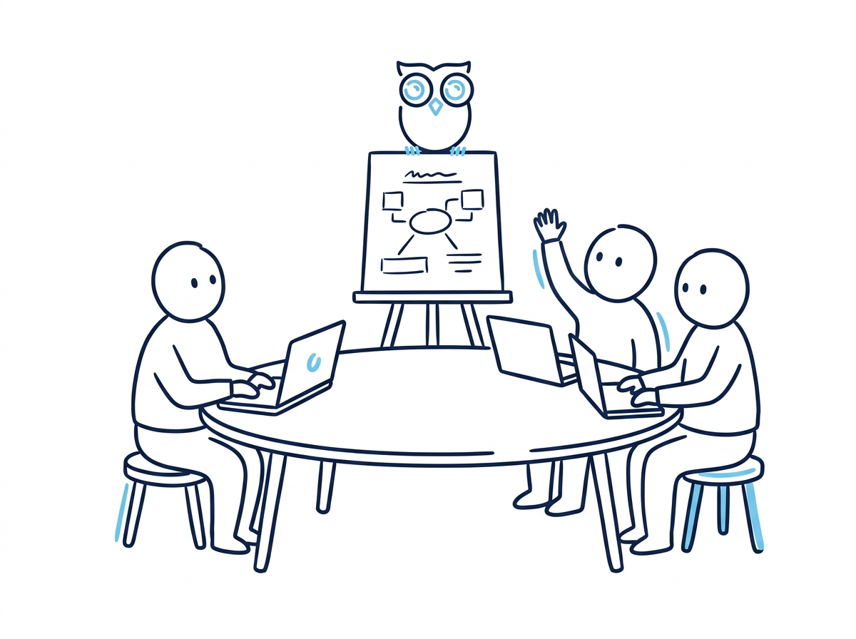 Line-Art-Illustration: Team arbeitet gemeinsam an einem Tisch